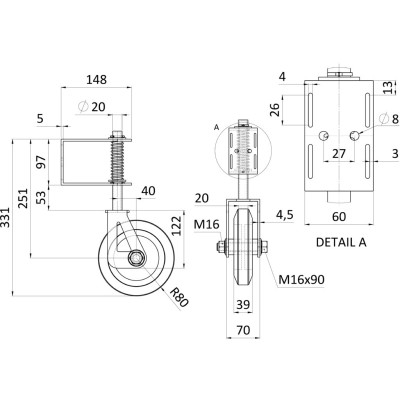 Koliesko oporné na bránu čierne odpružené 160mm 350x180x60x4mm 150kg