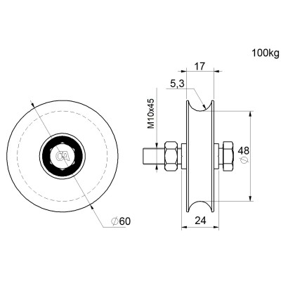 Koliesko vodiace s guličkovým ložiskom 60mm oska 12mm nosnosť 100kg