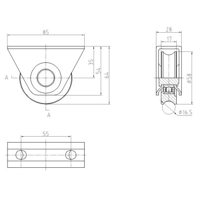 Koliesko vodiace s guličkovým ložiskom s oporou 85x25mm priemer 60mm nosnosť 100kg Zn