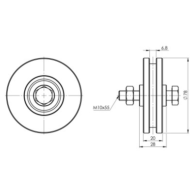 Koliesko vodiace s guličkovým ložiskom 80mm drážka 6,8mm M10x55 nosnosť 300kg