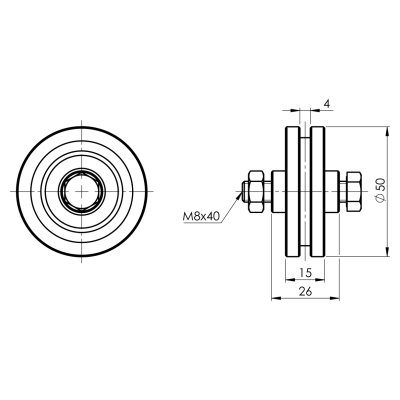 Koliesko vodiace s guličkovým ložiskom 50mm drážka 4mm M8x40 nosnosť 120kg