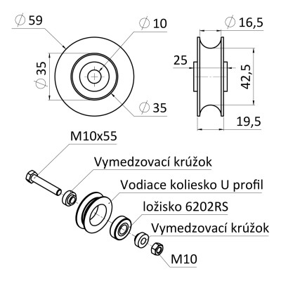 Koliesko vodiace s guličkovým ložiskom nylonové 60mm pre profil U C902/16