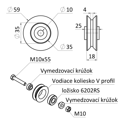 Koliesko vodiace jednoložiskové nylonové s guličkovým ložiskom V profil 60mm