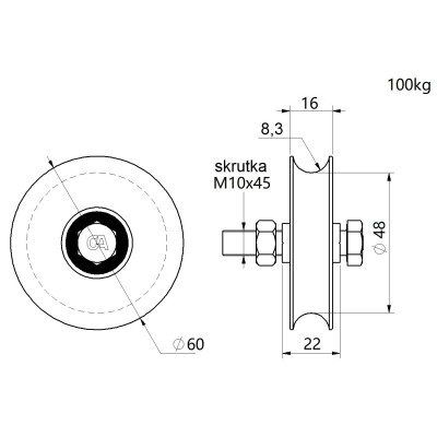 Koliesko vodiace s guličkovým ložiskom 60mm oska 16mm nosnosť 200kg