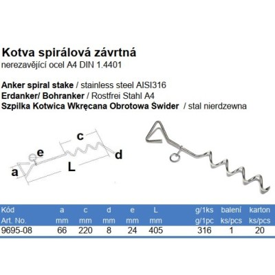Kotva špirálová závrtná nerezová 8x405mm A4