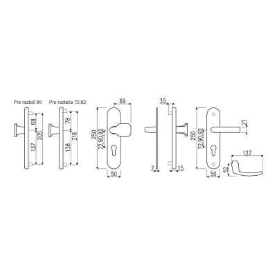 Kovanie dverové bezpečnostné kľučka + kľučka 72mm R111 PZ F4 TB