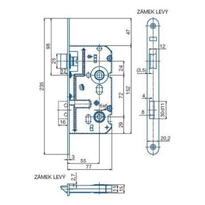 Zámok WC zadlabávací ľavý K222 80/72/55 Hobes
